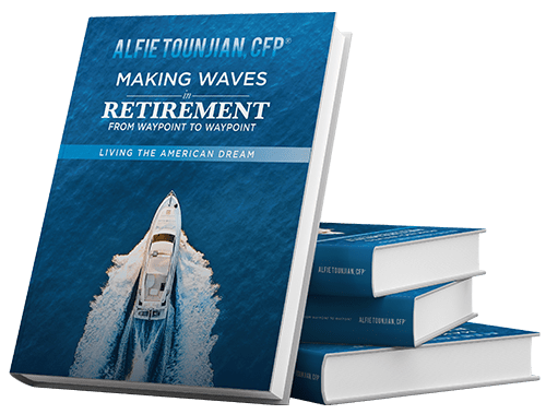 An image of Alfie Tounjian's book, "Making Waves in Retirement". The cover shows a top-down view of a boat making waves in the ocean.
